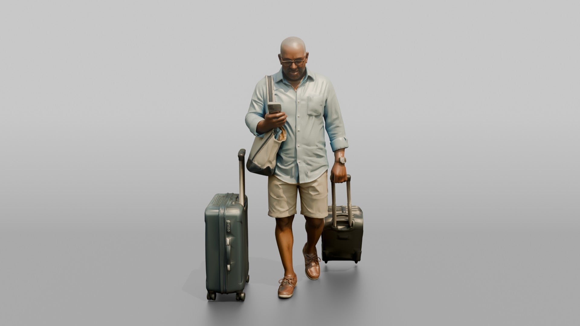 Traveler Wheeling A Suitcase And Texting