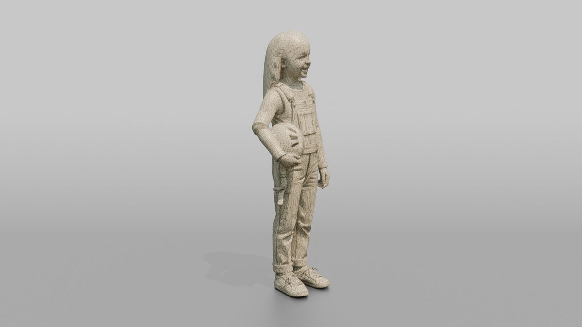 Daughter Carrying A Small Bicycle Helmet Under One Arm - wireframe topology preview
