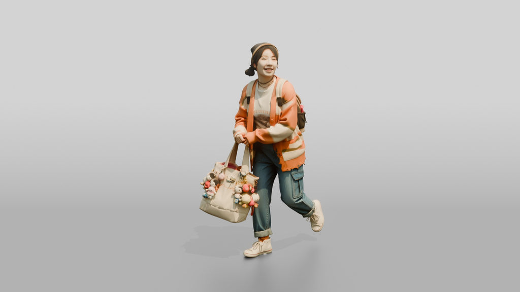 Asian Woman Carrying Overflowing Tote Bag