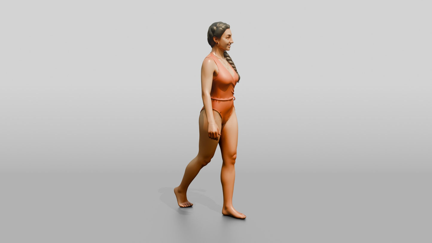 Woman in Terracotta One-Piece Swimsuit Walking