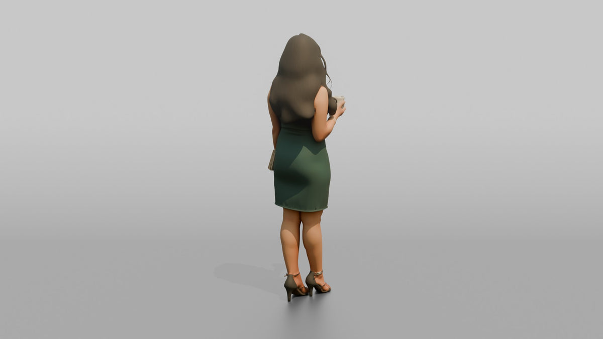 Patron Woman Standing With A Clutch Bag, Holding A Drink - 3D character model, view 3