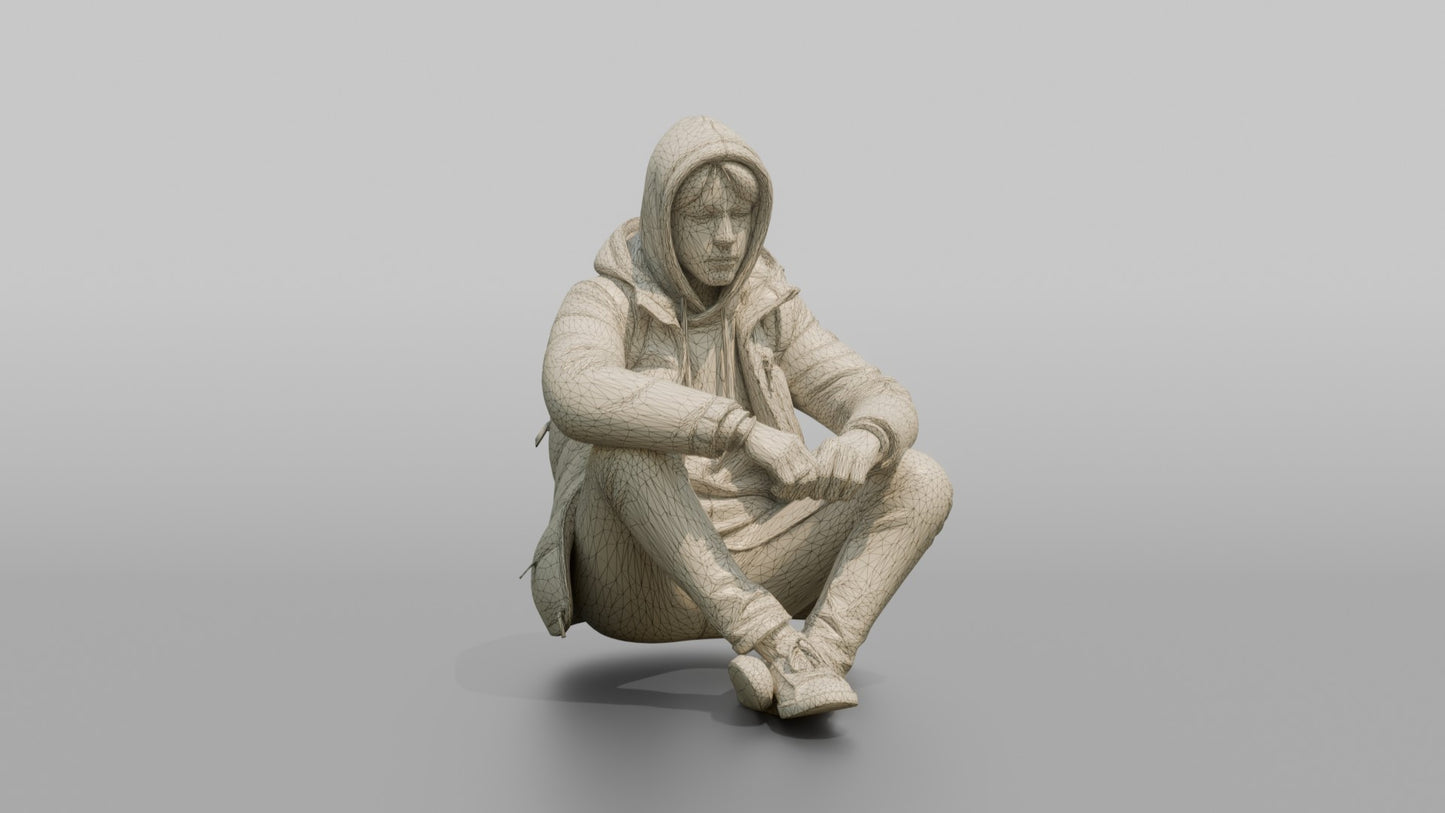 Teenager Sitting on a Curb in a Puffer Jacket