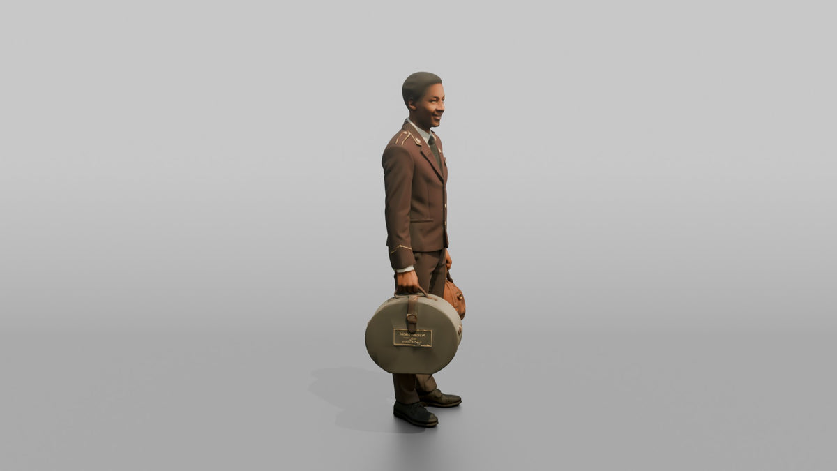 Bellhop Woman Carrying A Hat Box And A Small Bag - 3D character model, view 2