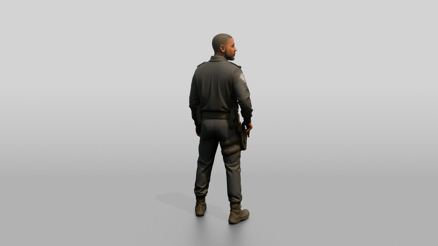 Slim Black Male Guard in a Navy Blue Tactical Uniform