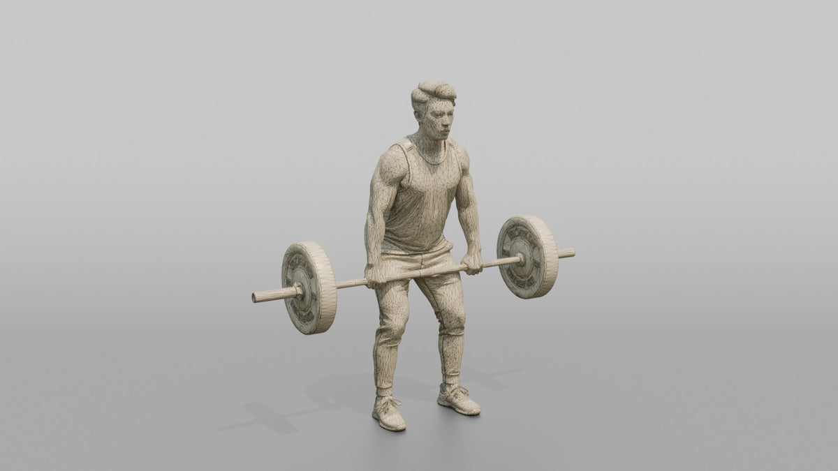 Weightlifter Man Mid-rep On A Barbell Deadlift - wireframe topology preview