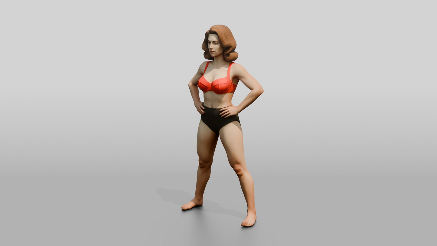 Woman in Red Two-Piece Swimsuit Wide Stance Hands on Hips