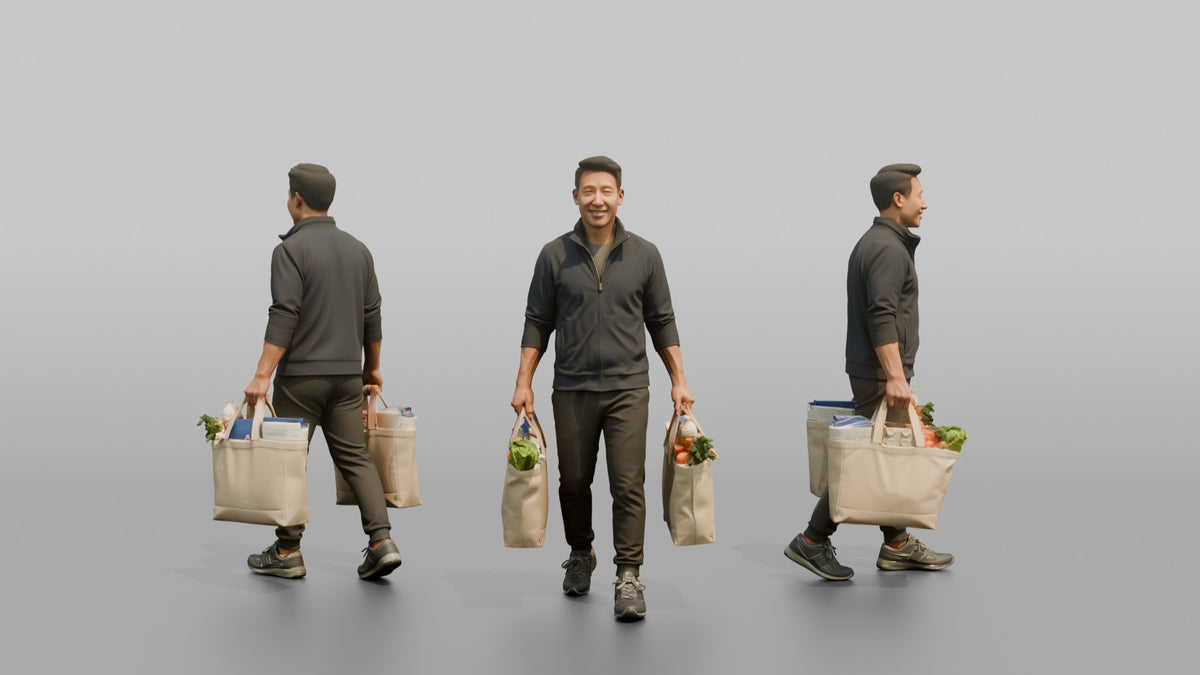 Father Carrying Two Grocery Bags, One In Each Hand - 3D character model, view 1