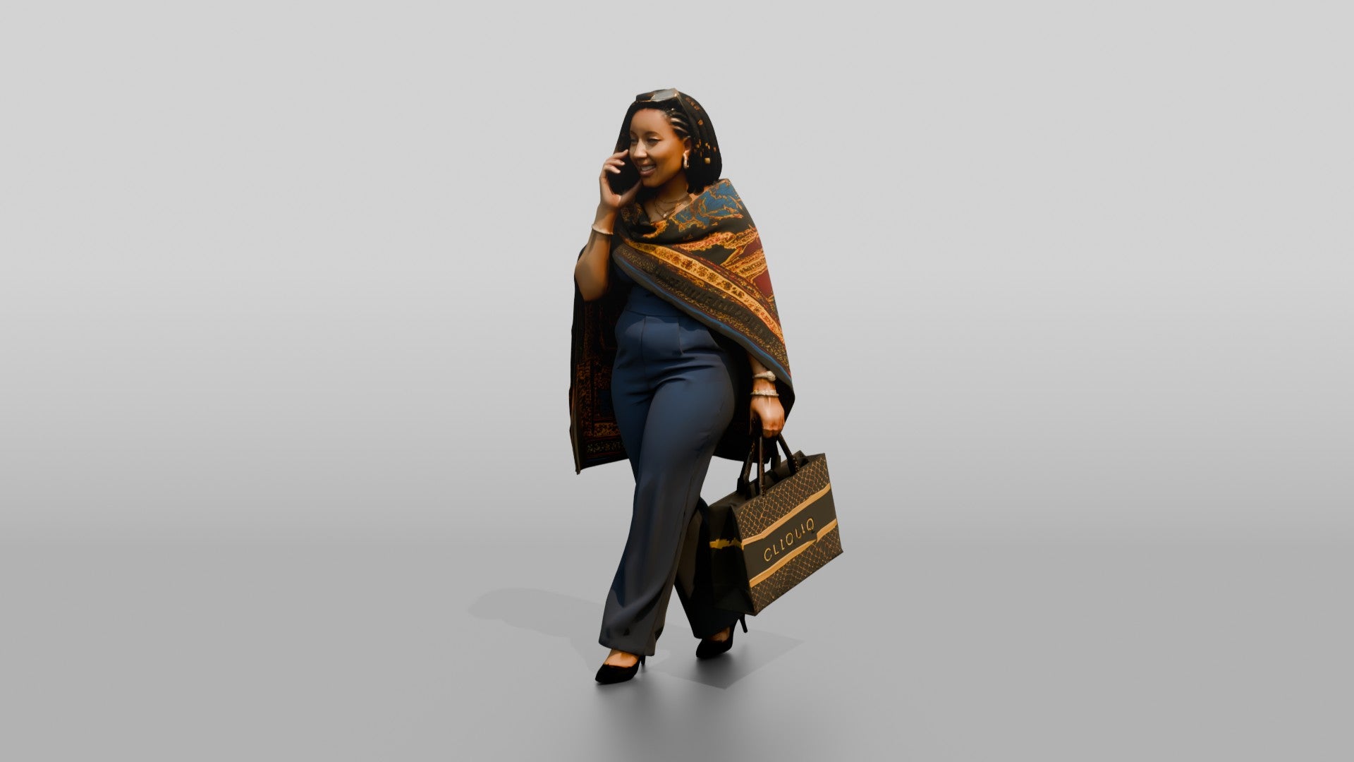 Woman in Printed Wrap Shawl Talking on the Phone