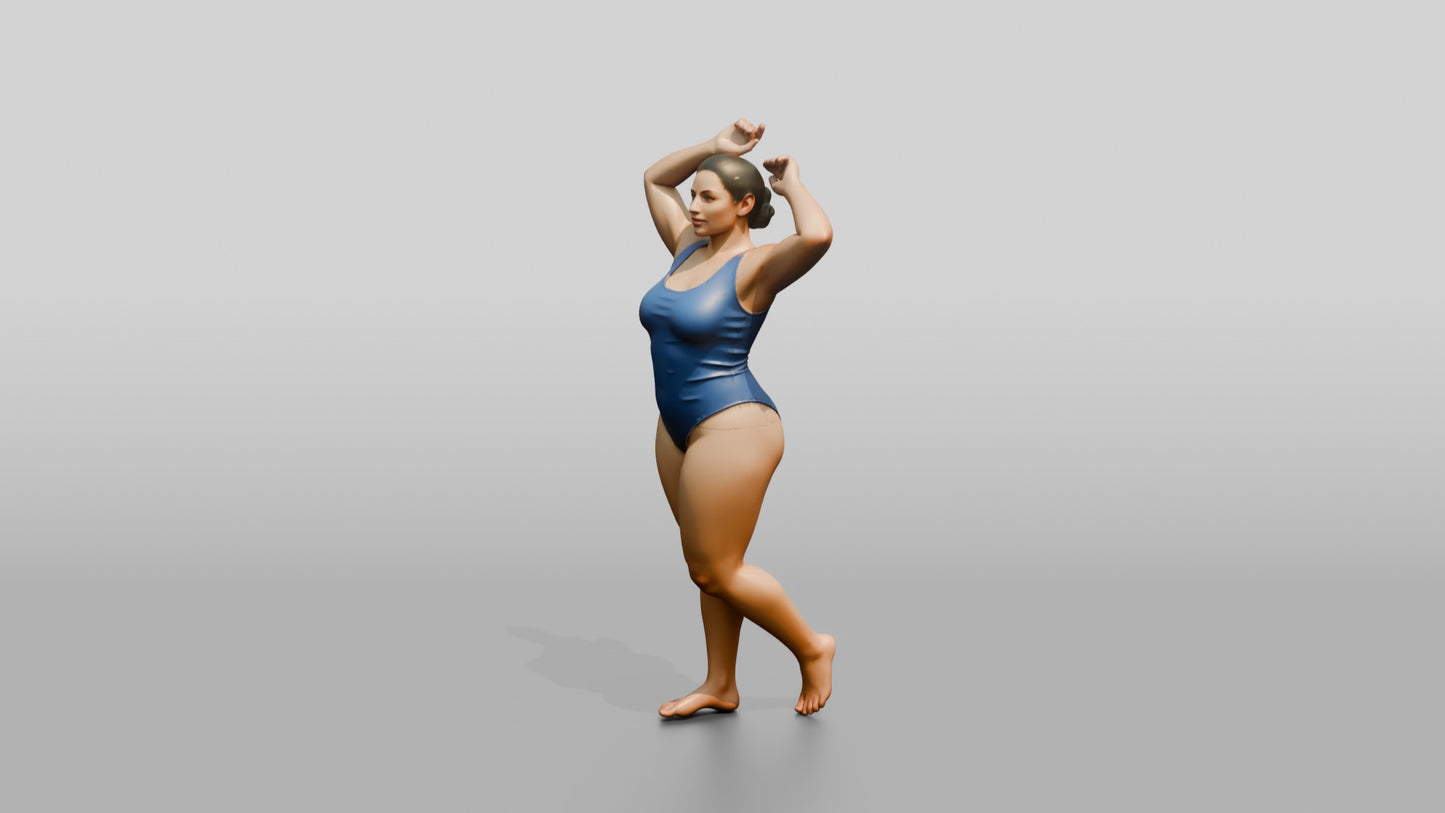 Curvy Woman in Blue One-Piece Swimsuit Arms Raised