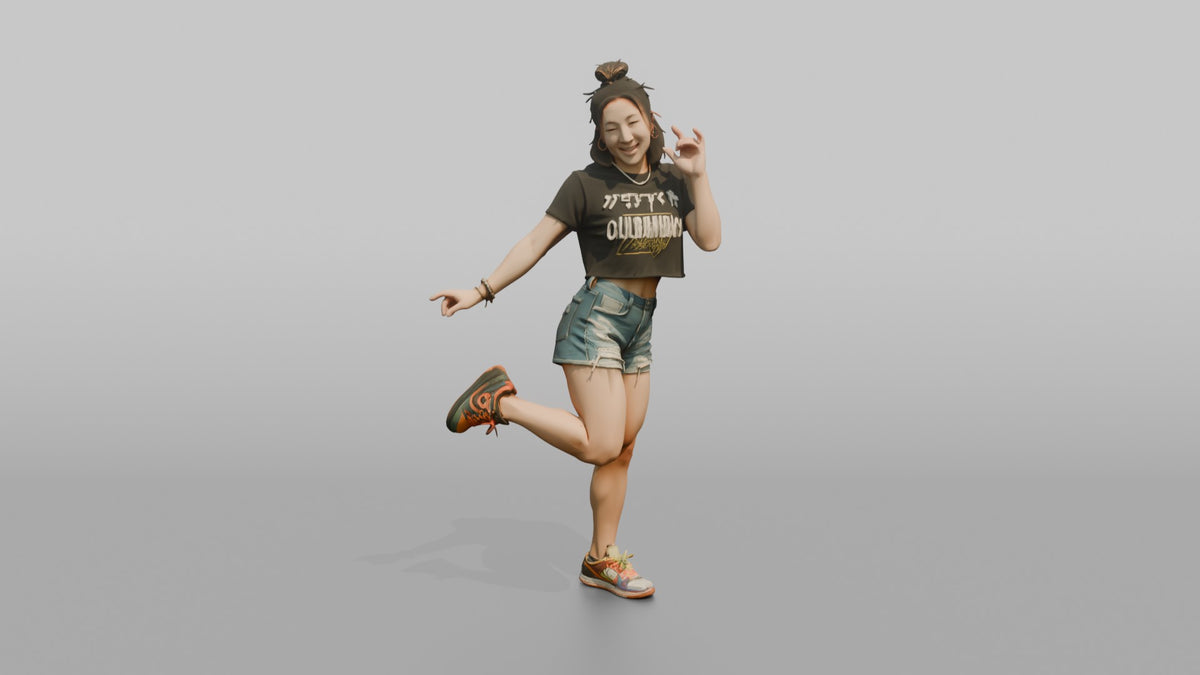 Patron Woman Striking A Playful Pose In Mismatched Colorful Sneakers - 3D character model, view 5