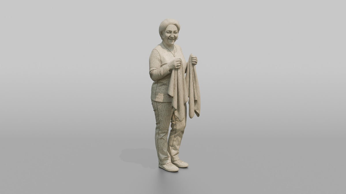 Woman Customer Holding Two Different Colored Scarves Side By Side - wireframe topology preview