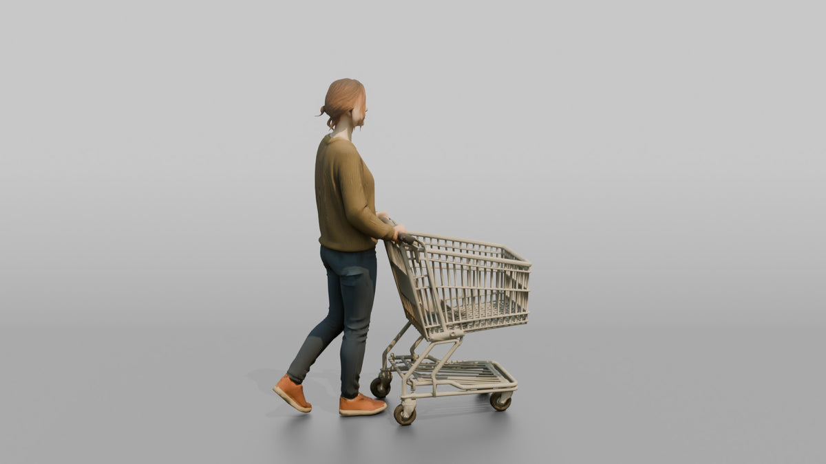 Woman Customer Pushing A Small Shopping Cart - 3D character model, view 3