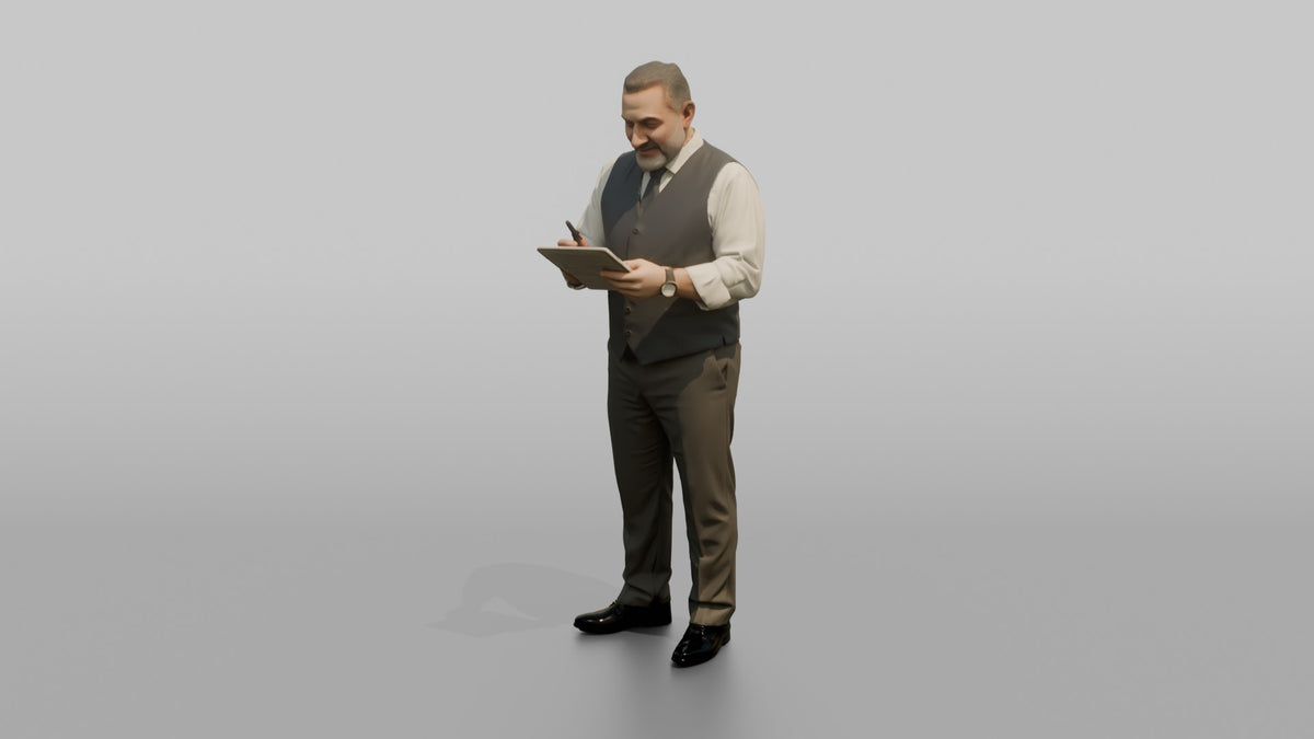 Host Man Checking A Reservation List On A Clipboard - 3D character model, view 4