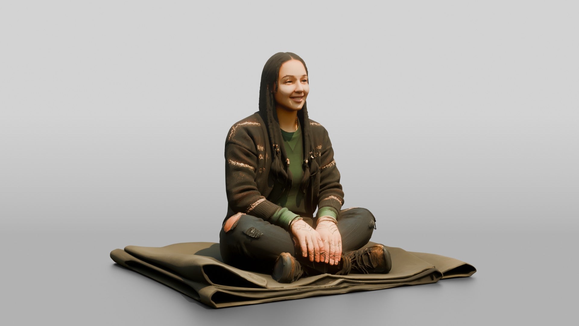 Homeless Woman Sitting on a Folded Tarp