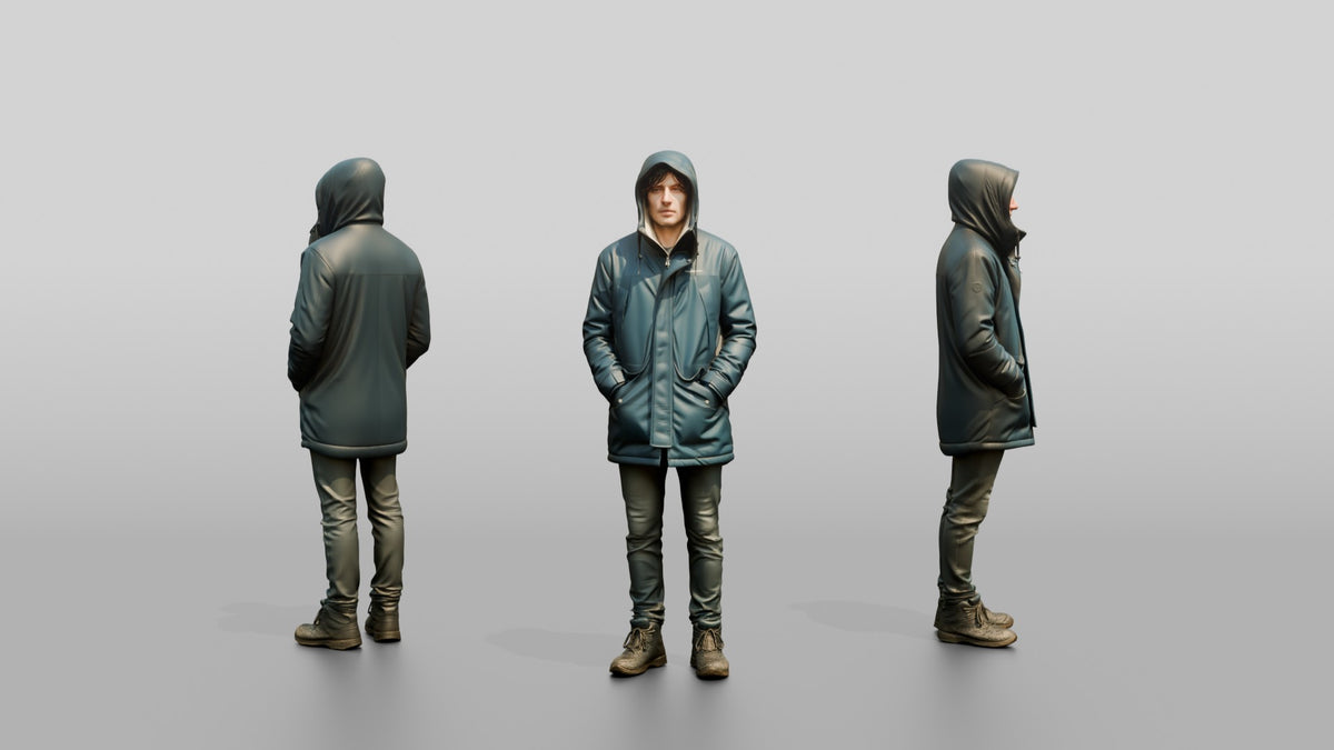 White Man Sheltering in Blue Parka - 3D character model