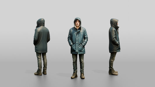 White Man Sheltering in Blue Parka