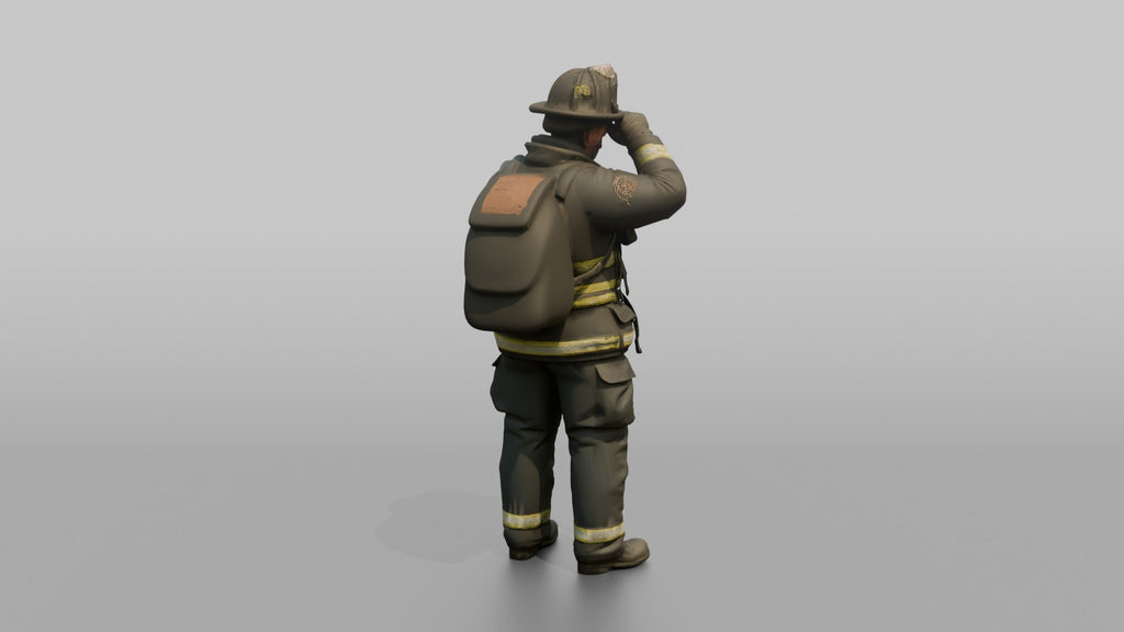 Firefighter Man Wiping Soot Off His Forehead with a Gloved Hand