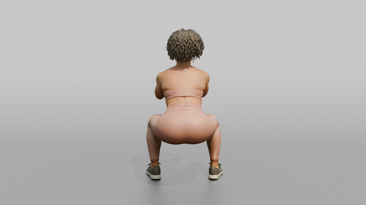 Fitness Influencer Woman Doing A Bodyweight Squat With Hands Clasped - 3D character model, view 3