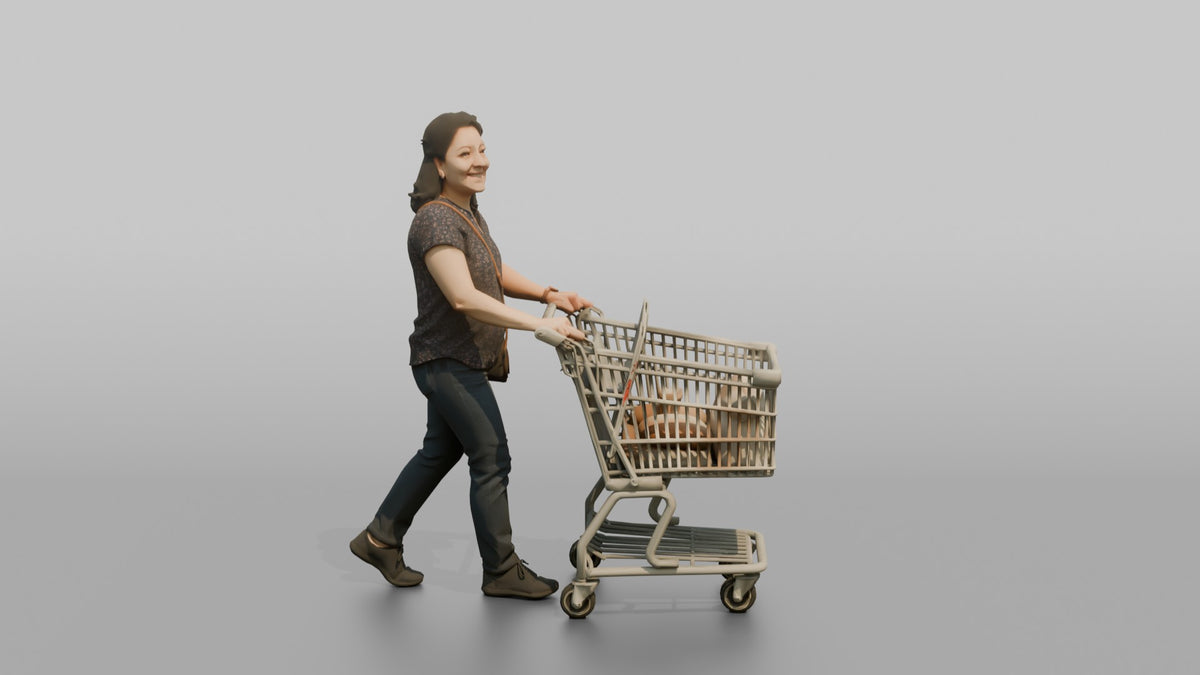 Woman Customer Pushing A Shopping Cart With An Empty Child Seat - 3D character model