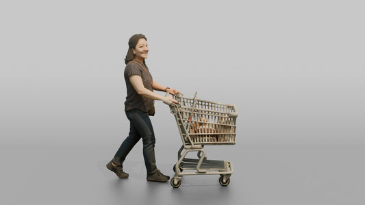 Woman Customer Pushing A Shopping Cart With An Empty Child Seat - 3D character model