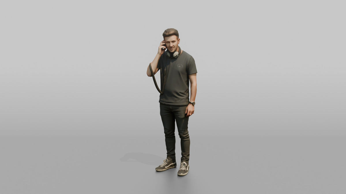 Club DJ Man Holding A Pair Of Headphones Up To One Ear - 3D character model, view 5