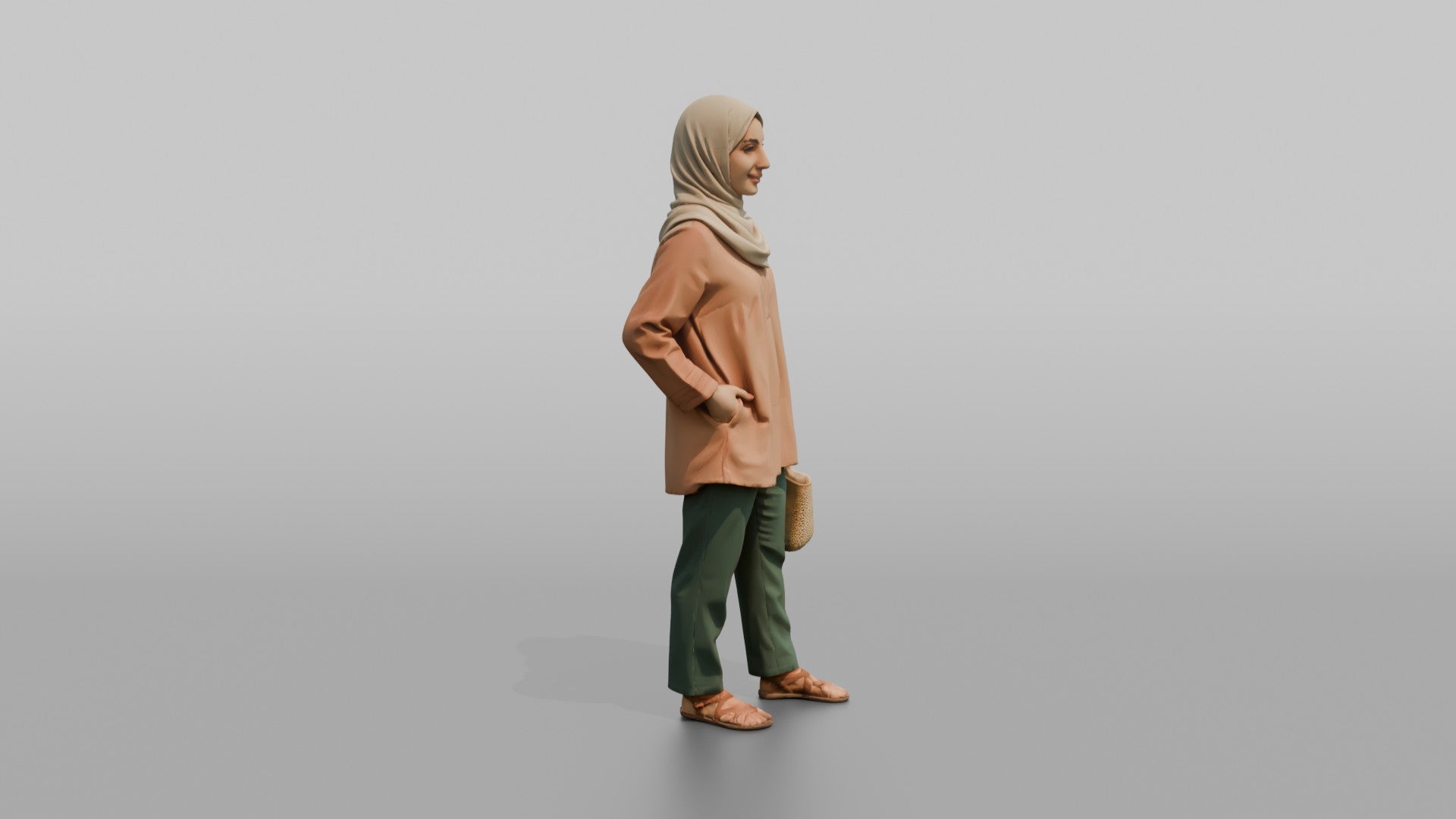 Hijab Woman with Wicker Bag in Peach Tunic