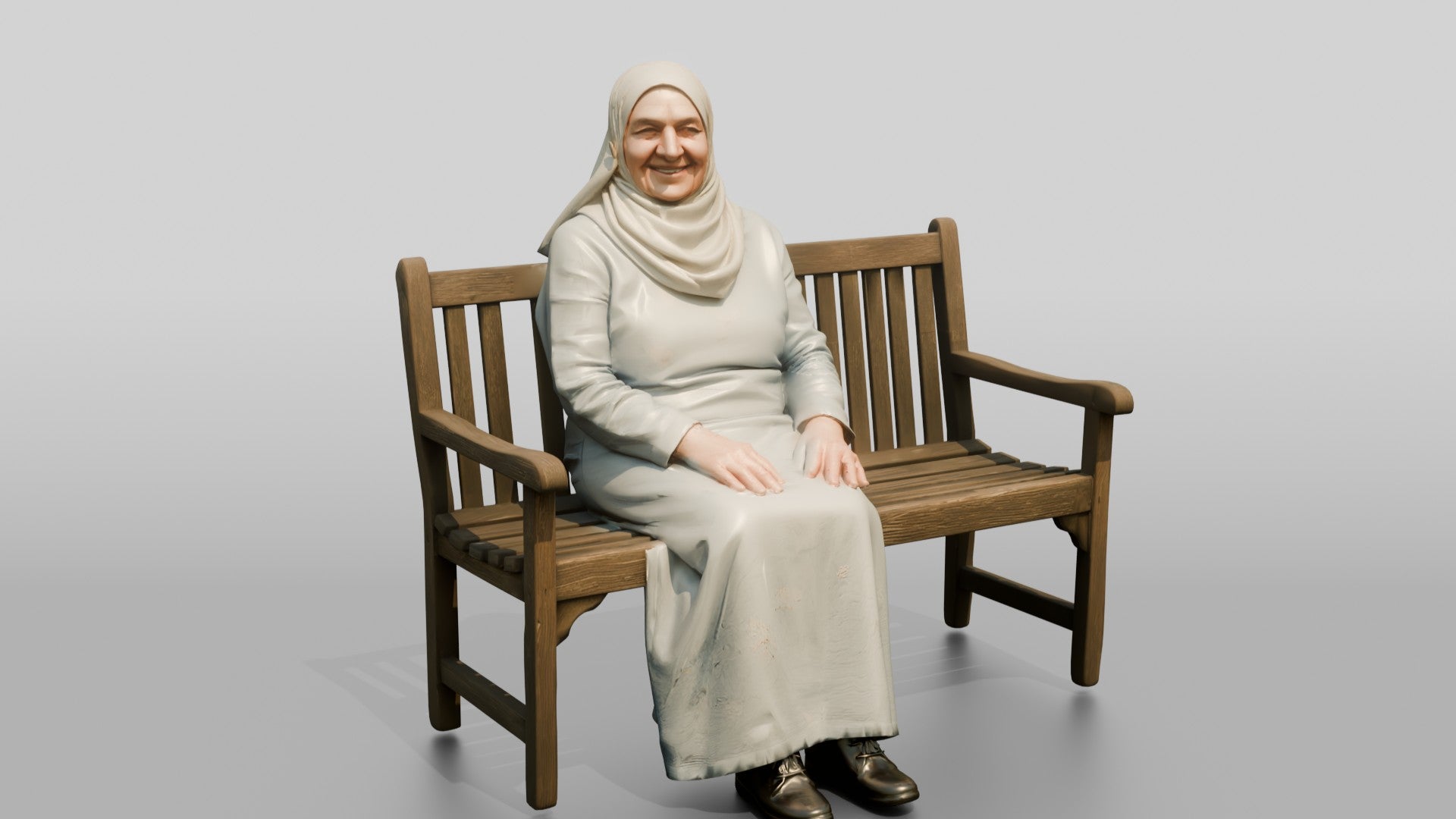 Elderly Iraqi Woman in Hijab Smiling on a Bench