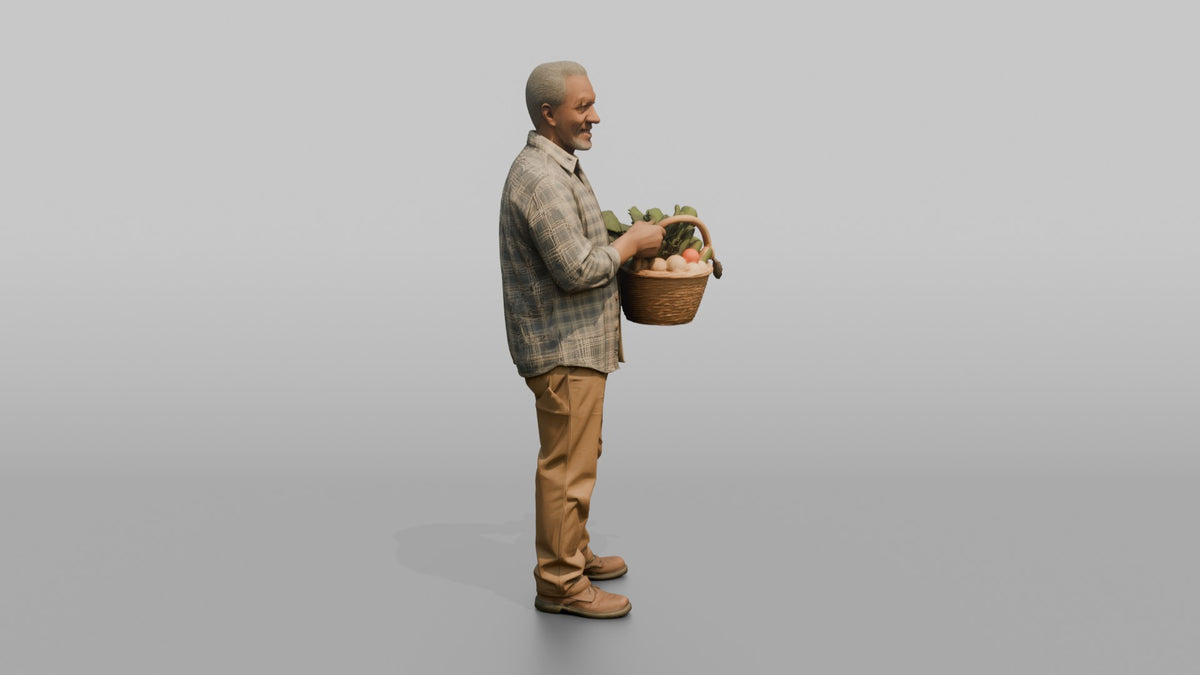 Grandfather Carrying A Wicker Garden Basket Of Vegetables - 3D character model, view 2