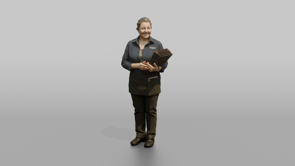 Host Woman Holding A Stack Of Menus And A Pen - 3D character model, view 5
