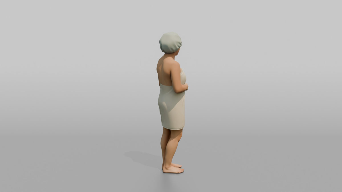 Spa Client Woman Standing Wrapped In A Towel, Hair In A Shower Cap - 3D character model, view 3