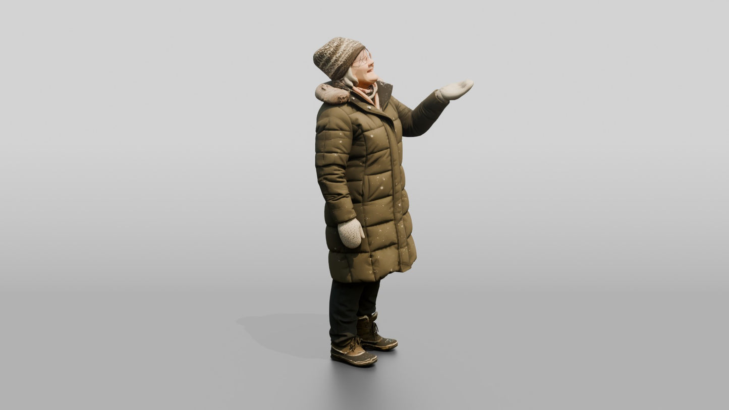 Elderly Norwegian Woman Catching Snowflakes
