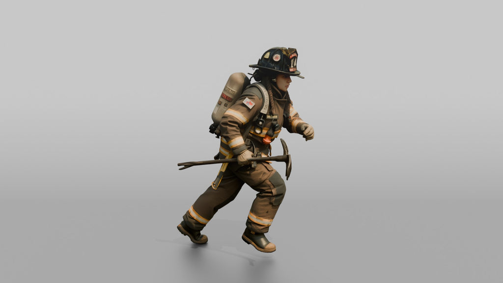 Firefighter Woman Running Forward with a Halligan Bar