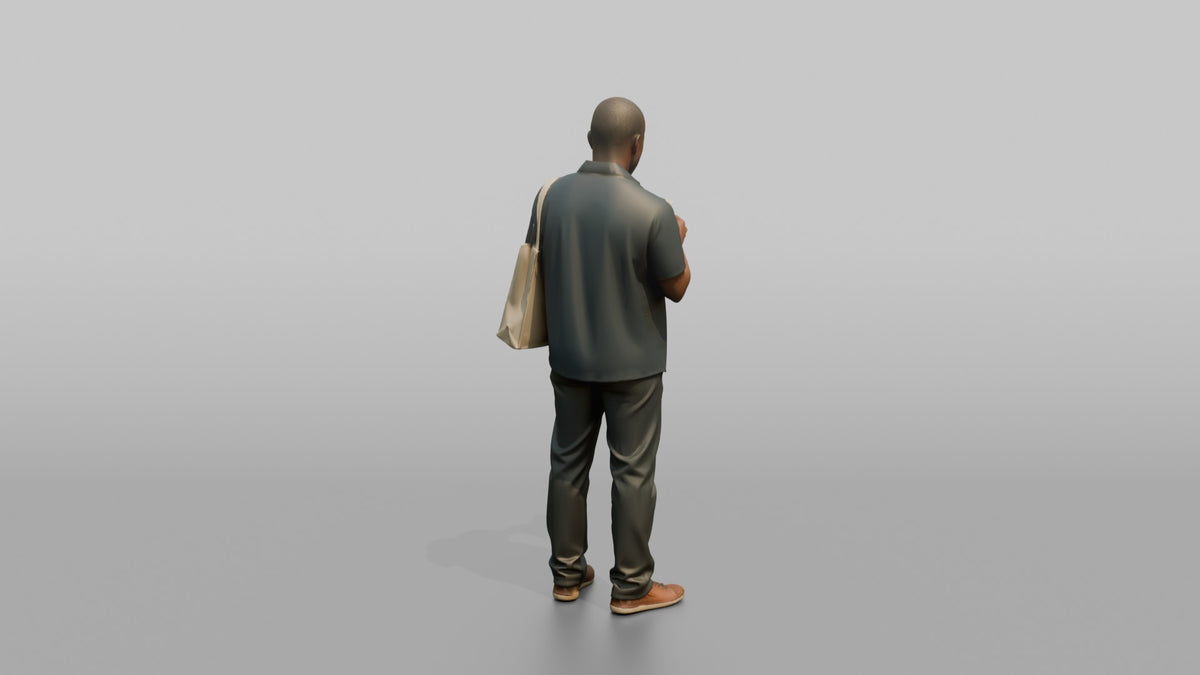 Man Customer Holding A Shopping Bag While Checking A Receipt - 3D character model, view 3