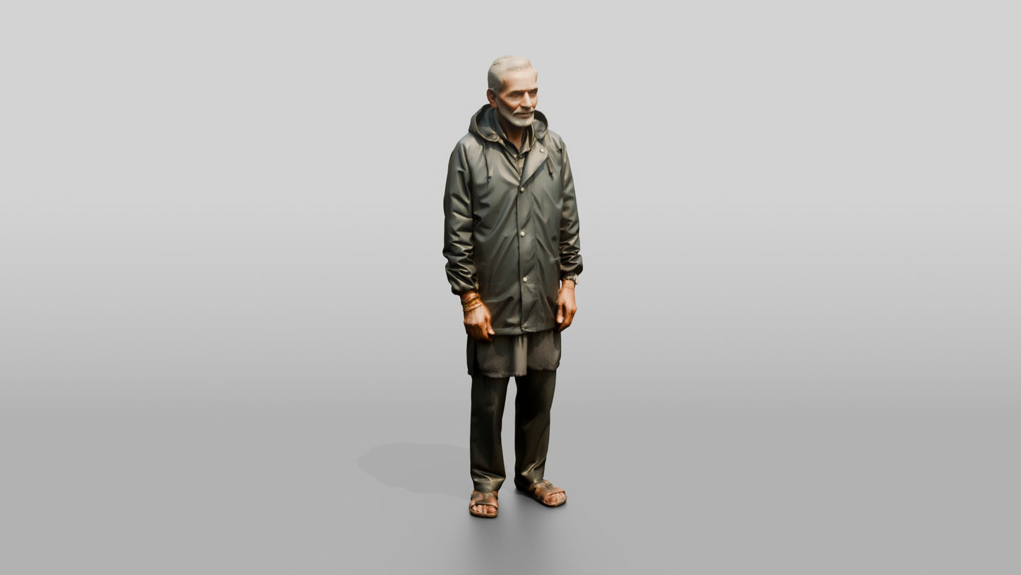 Elderly Indian Man Standing Calmly in the Rain