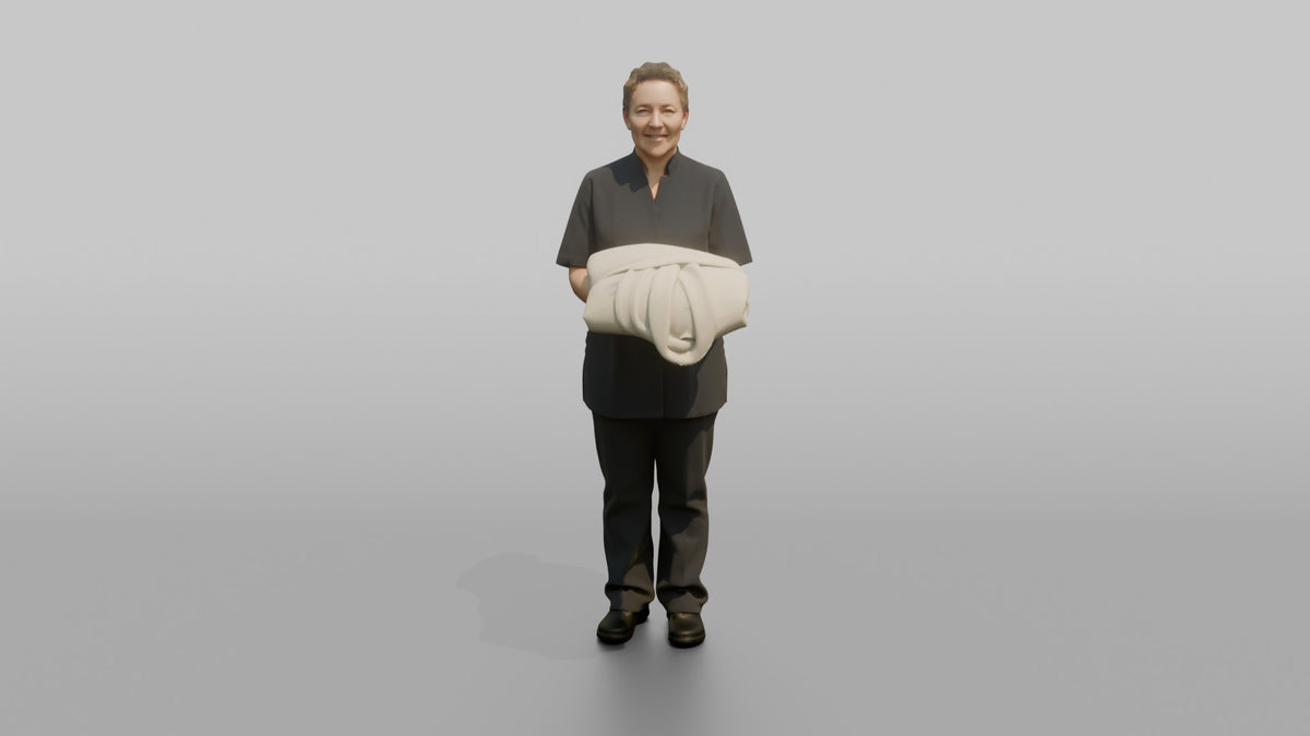 Housekeeping Staff Woman Holding A Folded Bathrobe - 3D character model, view 5