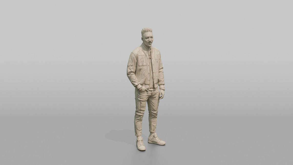 Patron Man Wearing A Vibrant Varsity Jacket, Confident Urban Stance - wireframe topology preview