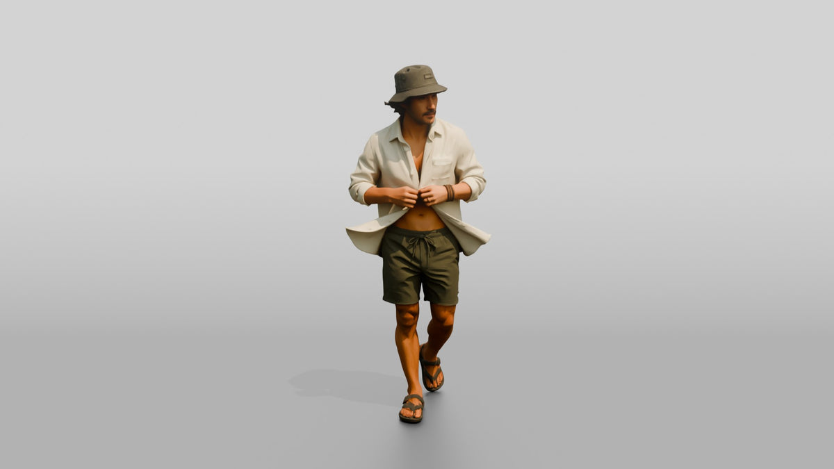 Man Unbuttoning Oversized Linen Shirt - 3D character model, view 5