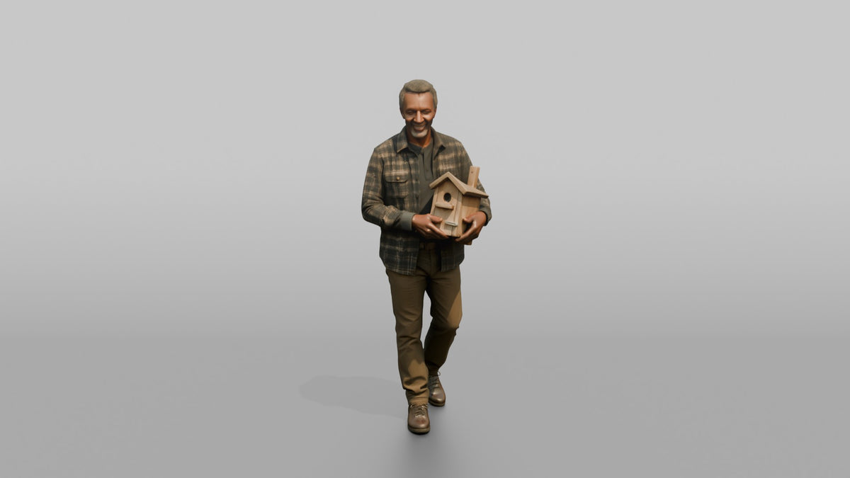Grandfather Carrying A Small Wooden Birdhouse In Both Hands - 3D character model, view 5