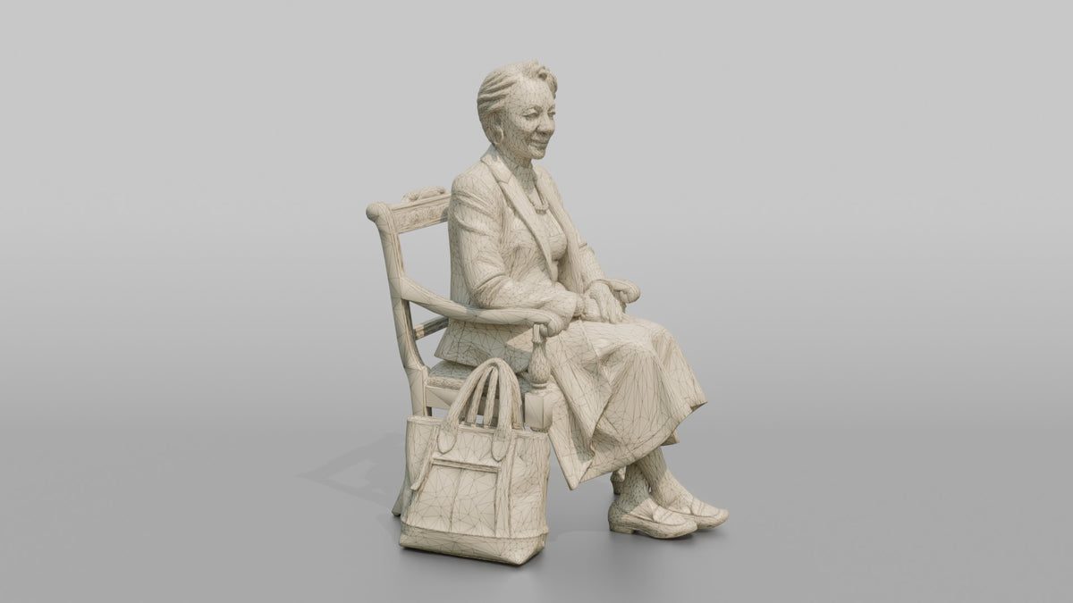 African Senior Woman Seated with Leather Tote Bag - wireframe topology preview
