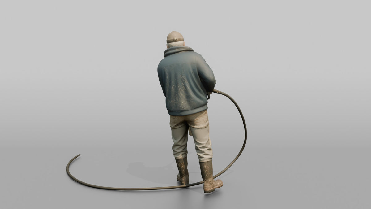 Farmer Spraying Down Concrete Barn Floor - 3D character model, view 3