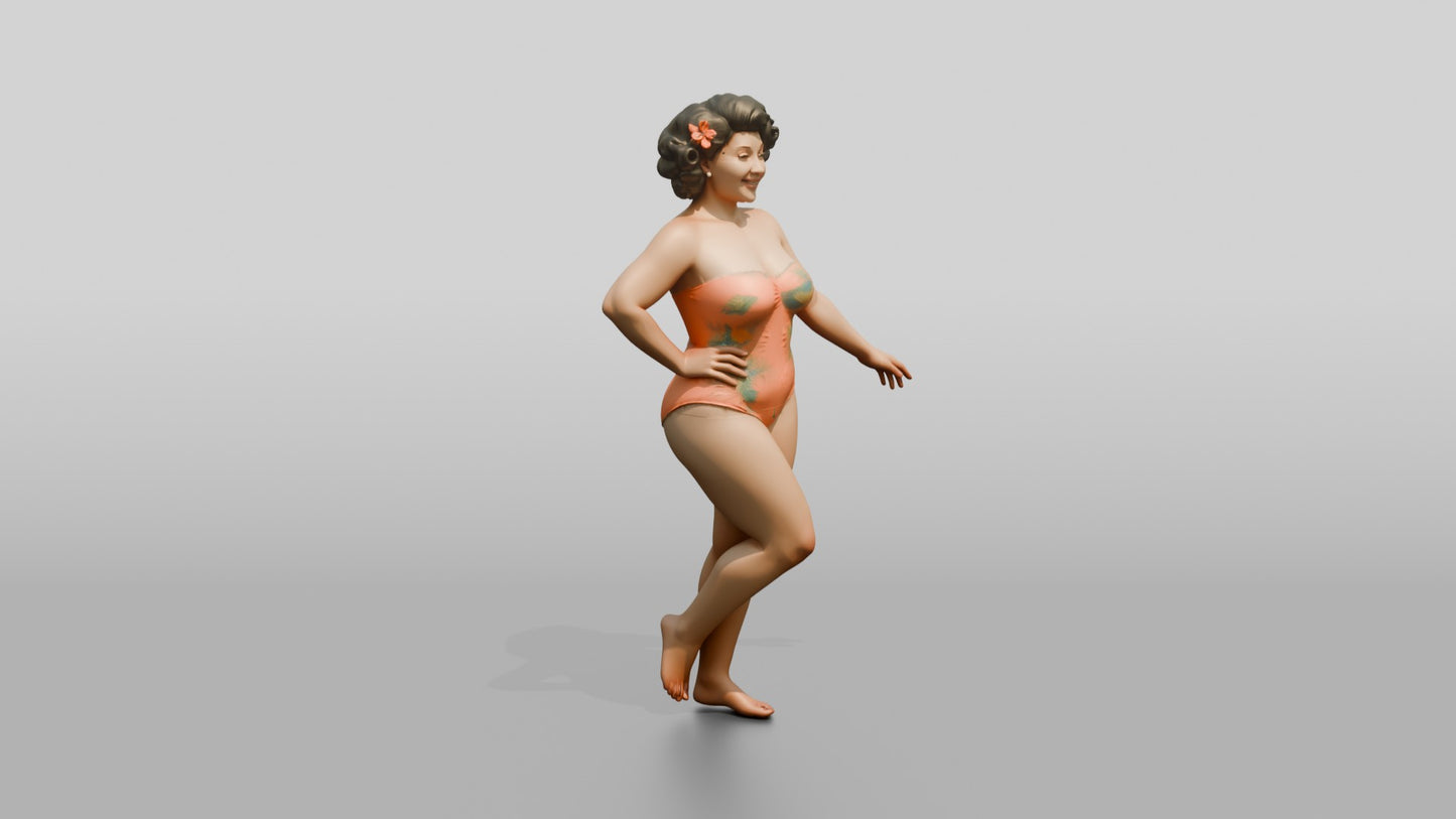 Curvy Woman in Coral One-Piece Swimsuit Playful Pose