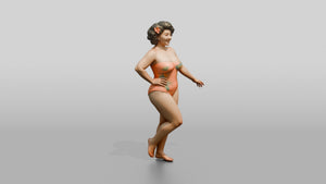 Curvy Woman in Coral One-Piece Swimsuit Playful Pose - 3D character model, view 1