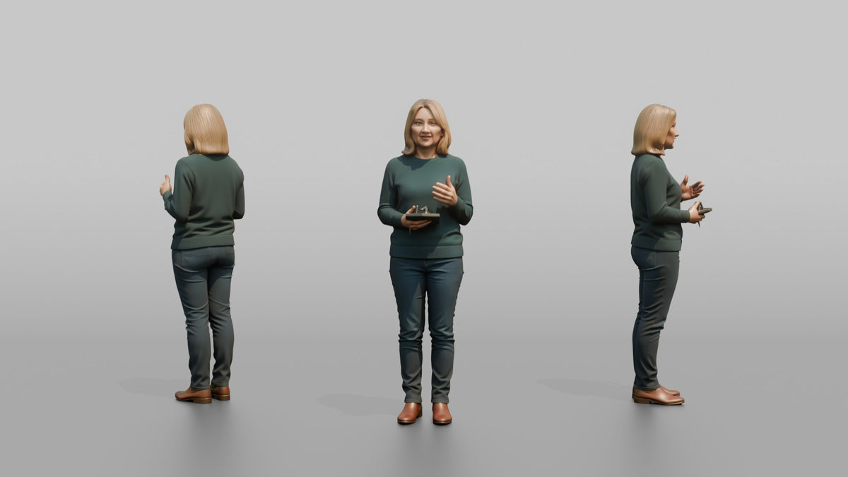 Woman Customer Gesturing While Asking A Question Toward A Staff Member Off-frame - 3D character model, view 1