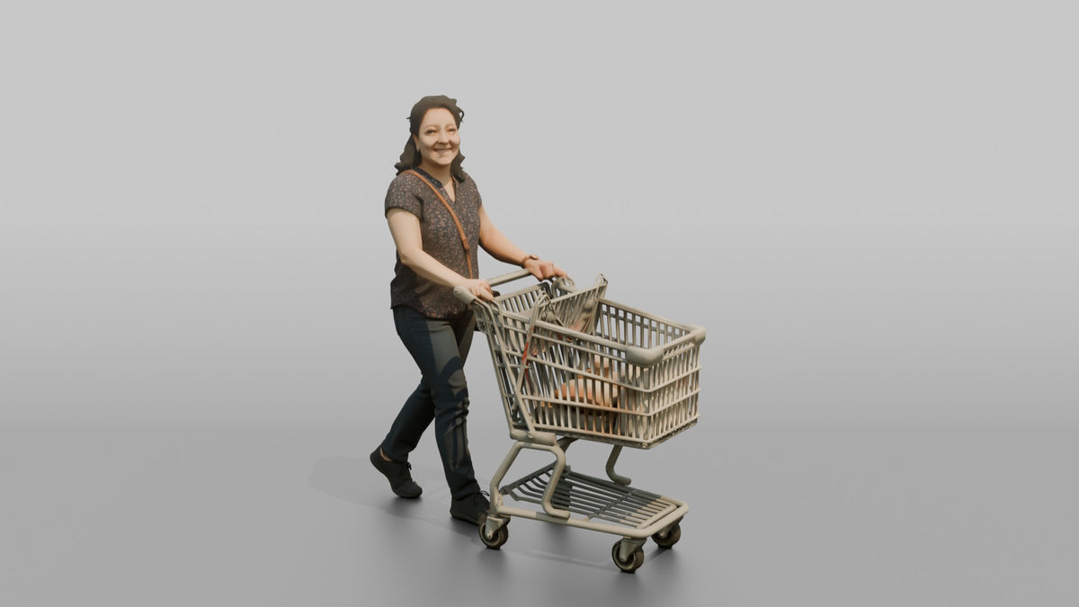 Woman Customer Pushing A Shopping Cart With An Empty Child Seat - 3D character model, view 5