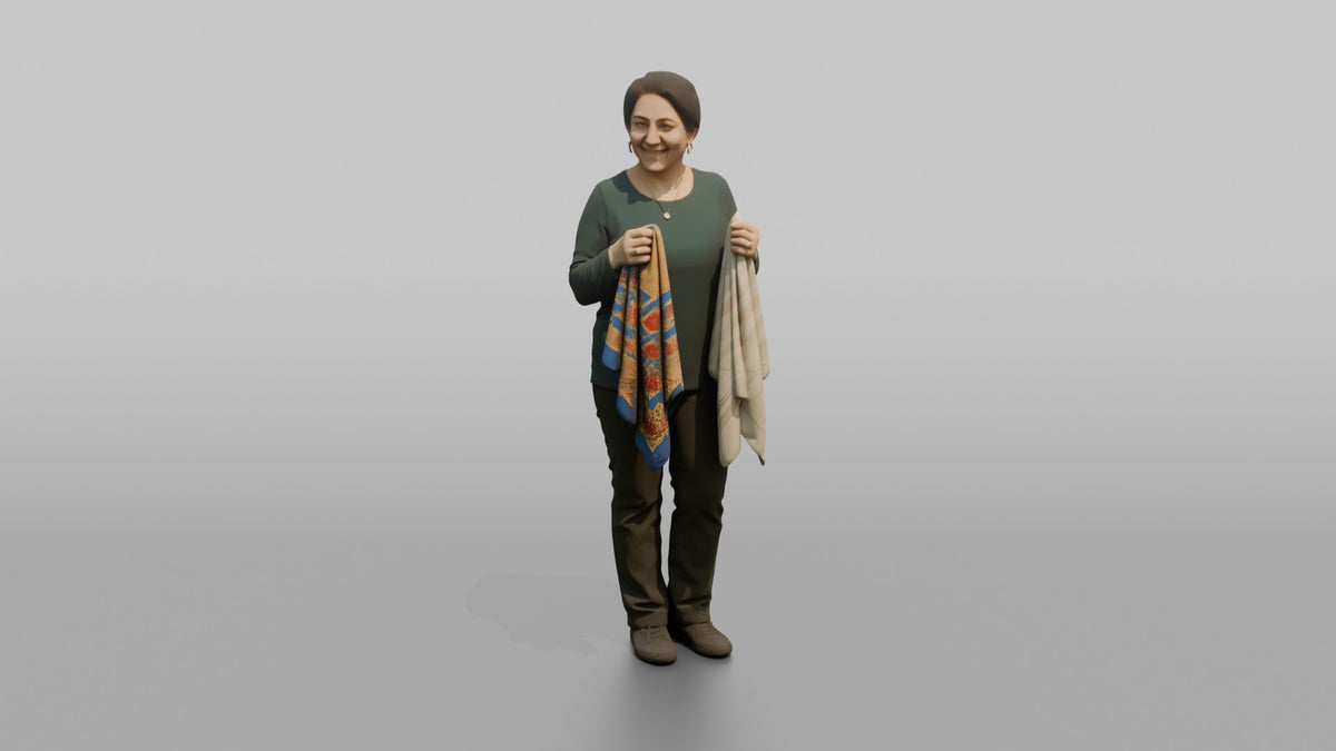 Woman Customer Holding Two Different Colored Scarves Side By Side - 3D character model, view 5