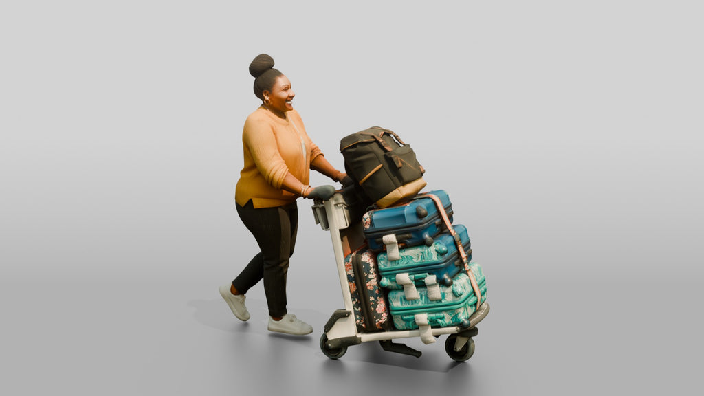 Plus-Size Woman Pushing Luggage Cart with Colorful Suitcases