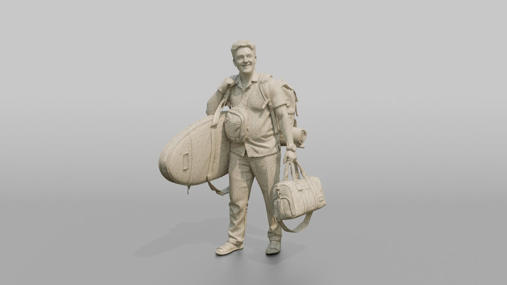 Traveler Carrying A Surfboard And Backpack