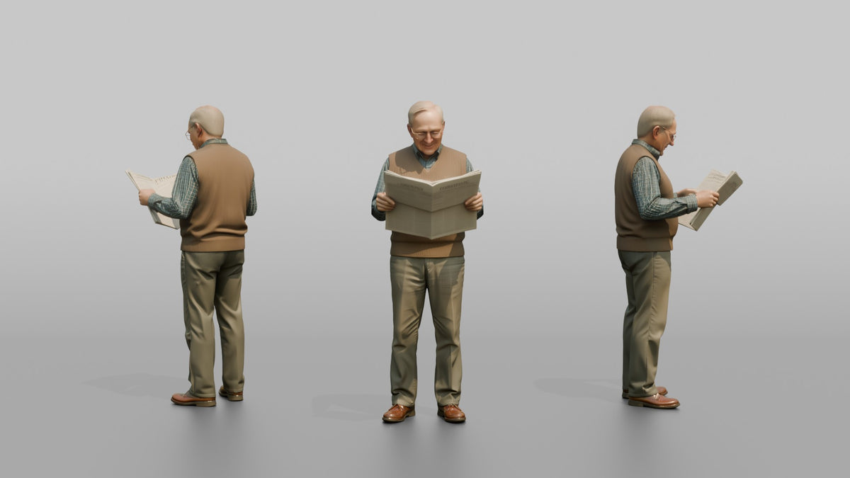 Grandfather Holding A Newspaper, Reading Through His Glasses - 3D character model, view 1