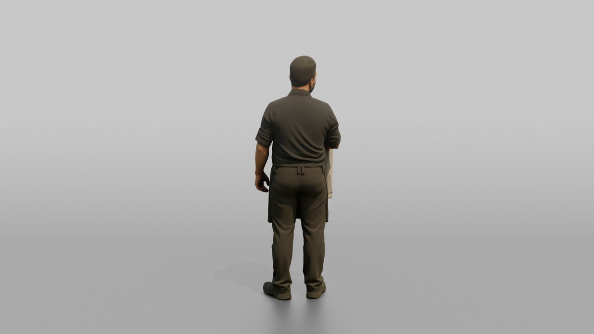 Server Man Draping A Table Cloth Over One Arm - 3D character model, view 3