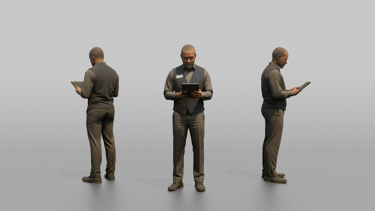 Man Sales Associate Holding A Tablet, Checking Something On The Screen - 3D character model, view 1